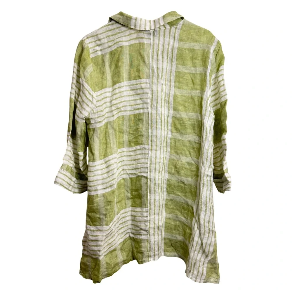 Habitat Womens Size L 100% Linen Striped Button Down Shirt Green White Relaxed - Picture 7 of 7